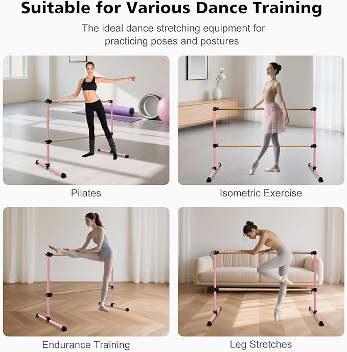 4FT/6FT Freestanding Ballet Barre Wood/Steel Height Adjustable from 7 to 46 inch Ballet Bar Portable Double Dance Bar for Home Workout and Stretch