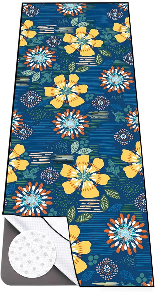 Colorful Star Yoga Towel with Corner Pockets, Non Slip Grip Dots Sweat Absorbent Hot Yoga Mat Towels, Yoga Blankets with Travel Bag, Mat Cover for Workout, Gym, Fitness - 74"x26", Blue Yellow Flowers