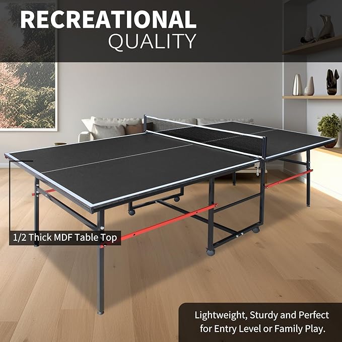 Professional Table Tennis Table, Foldable Ping Pong Game Set for Indoor, 8FT 9FT Single Player Playback Mode Ping Pong Table with Net and Post Set, 2 Paddles and 3 Balls
