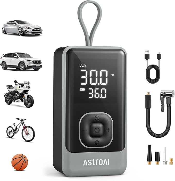 AstroAI L7 Air Tire Inflator Portable Air Compressor, 150PSI Electric Cordless Pump with Fast 1-min Inflation, Auto Shutoff, LED Light – Rechargeable for Car, SUV, Motorcycle, Bike Tires (Grey)