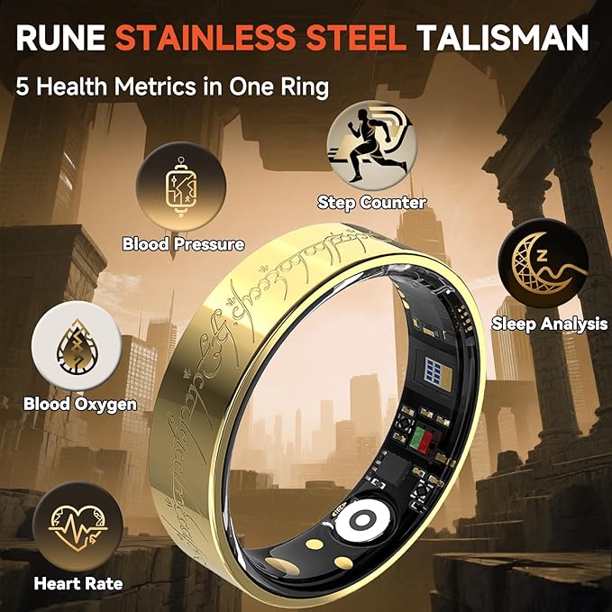 Ultra Smart Ring for Women Men,Health Fitness Tracker with Sleep/Blood Pressure/Oxygen Monitoring, Heart Rate & Activity Tracking,IP68 Waterproof, 5+Day Battery,No Subscription Fee 1-Gold 10