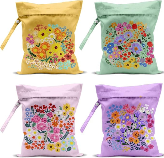 4 Pack Cute Wet Bag Waterproof Washable Reusable Wet Dry Bag for Swimsuit Clothes Cloth Diaper Travel Beach Pool Yoga Gym Party Camping Toiletries Travel Beach Essentials,Floral Succulent Cat Gifts