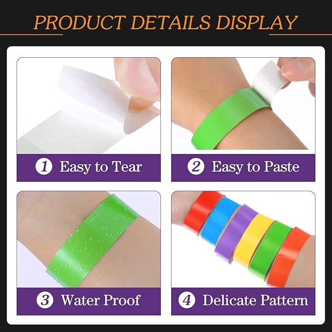 TaoBary 3000 Counts Wristbands for Events Paper Wrist Bands Waterproof Paper Bracelets Neon Colored Hand Bands Adhesive VIP Armbands for Party Concerts