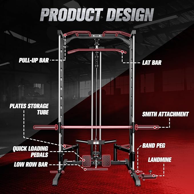 RitFit Smith Machine Power Rack with LAT-Pull Down System, Landmine, Barbell Bar, Plate Storage Pegs and More Training Attachment
