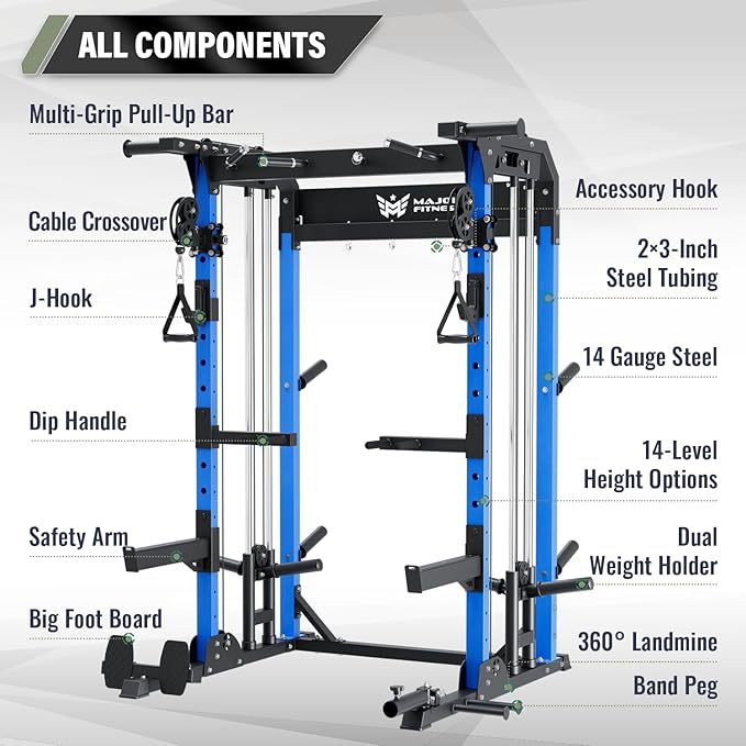 MAJOR FITNESS F22 Power Rack, 1600lbs All-in-One Squat Rack with Cable Crossover, Dual Pulley System, Heavy-Duty Steel Frame, Attachments & Storage for Home Gym Strength Training