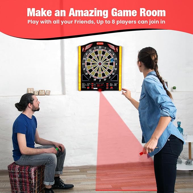 Professional Electronic Dartboard Set with Laser Toe Line, 34 Games & 350 Modes, 1-8 Players, Includes 12 Darts, Suitable for Batteries/Adapters