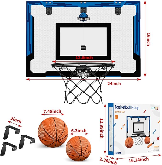 24" x 16" Large Basketball Hoop Indoor for Adults, Over The Door Basketball Hoop with Sturdy Backboard, Big Basketball Toys Gifts Ideas for Man Kids Teens Boys Girls, Blue