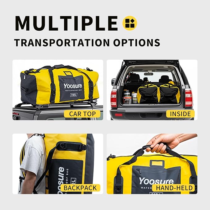 Airtight Zipper Waterproof Duffel Bag 110L- 700D PVC Dry Bag Extra Large Dry Bags with Straps&Handles for Camping Boating Kayaking Rafting Canoeing Gym Beach Car Roof Storage (Yellow)