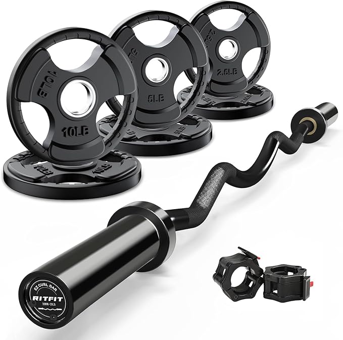 RitFit 2 Inch EZ Curl Bar with Weights, 700LBS Weight Capacity Olympic Curl Barbell for Bicep, Tricep and Weight Lifting Exercises