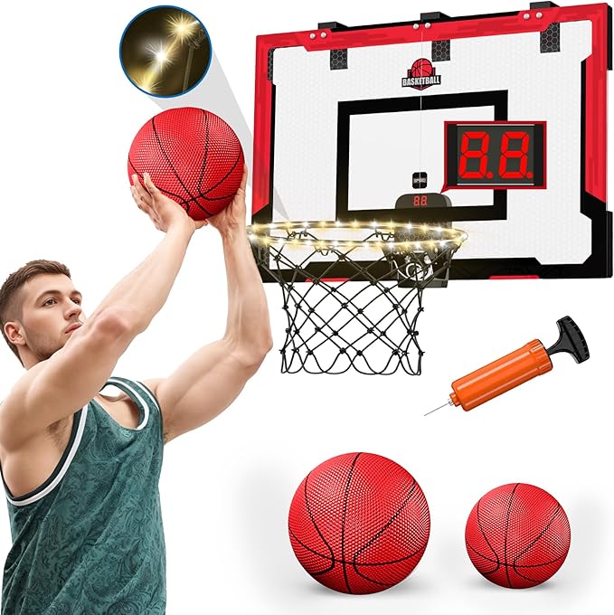 24" x 16" Large Basketball Hoop Indoor for Adults, Over The Door Basketball Hoop with Electronic Scoreboard/LED Rim, Big Basketball Toys Gifts Ideas for Man Kids Teens Boys Girls, Red