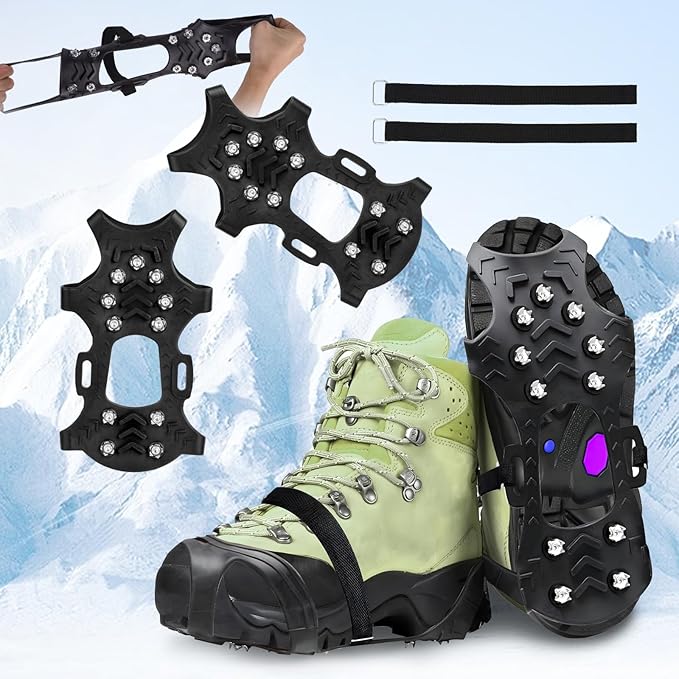 Ice Cleats for Shoes and Boots, Silicone Stainless Steel Snow Spikes for Shoes, Crampons Spikes for Ice Fishing Gear, Winter Climbing & Hiking Supplies
