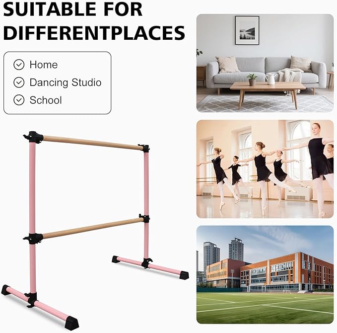 4FT/6FT Freestanding Ballet Barre Wood/Steel Height Adjustable from 7 to 46 inch Ballet Bar Portable Double Dance Bar for Home Workout and Stretch