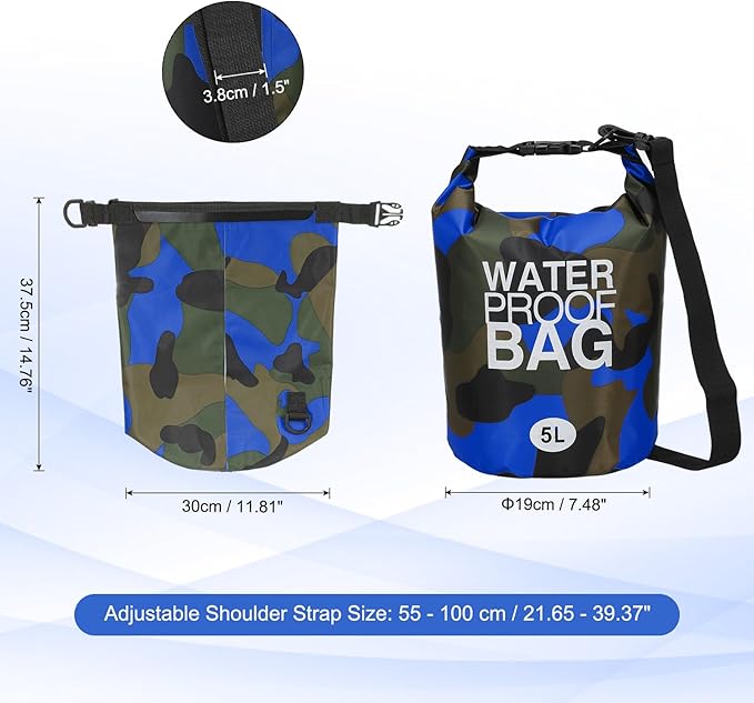 Waterproof Dry Bag, 5L Fit for Women Men Water Proof Bags Lightweight Dry Storage Floating Backpack with Whistle for Travel Boating Kayaking (Dark Blue Camouflage)