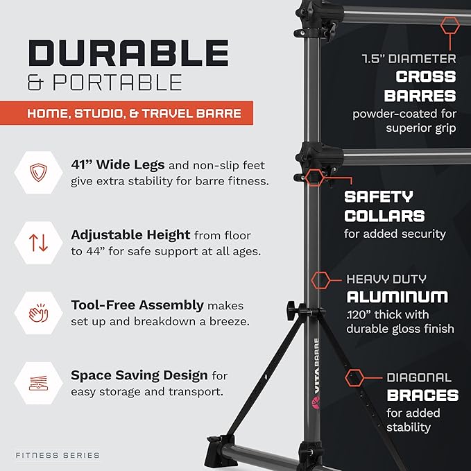 VITA Barre Portable Freestanding Double Ballet Barre, Fit, Dark Mystic Gray, Aluminum | Adjustable Height, Made in USA, Home or Gym Exercise Equipment | Dance, Fitness, Pilates