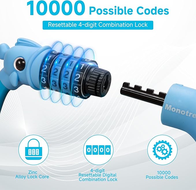 Bike Lock, 3.9 Feet 4-Digit Resettable Combination Password Anti-Theft Cable Lock, Cute Coiled Bike Lock with Mounting Bracket, Suitable for Bicycles, Electric Scooters, Ebikes (Blue-10mm)