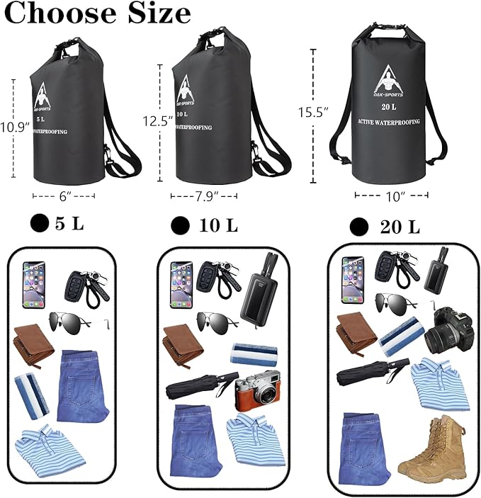 Oak-Sports Dry Bag Waterproof Backpack 5L/10L/20L, Roll Top Lightweight Beach Bag with Double Zipper Seal for Swimming, Kayaking, Hiking, Boating, Adjustable Shoulder Strap