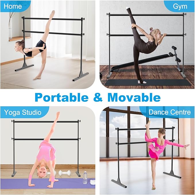 4FT/5FT/6FT Freestanding Ballet Barre 10 Height Adjustable from 11 to 47 inch Ballet Bar 350 lbs Capacity Portable Double Dance Bar for Home Workout and Stretch