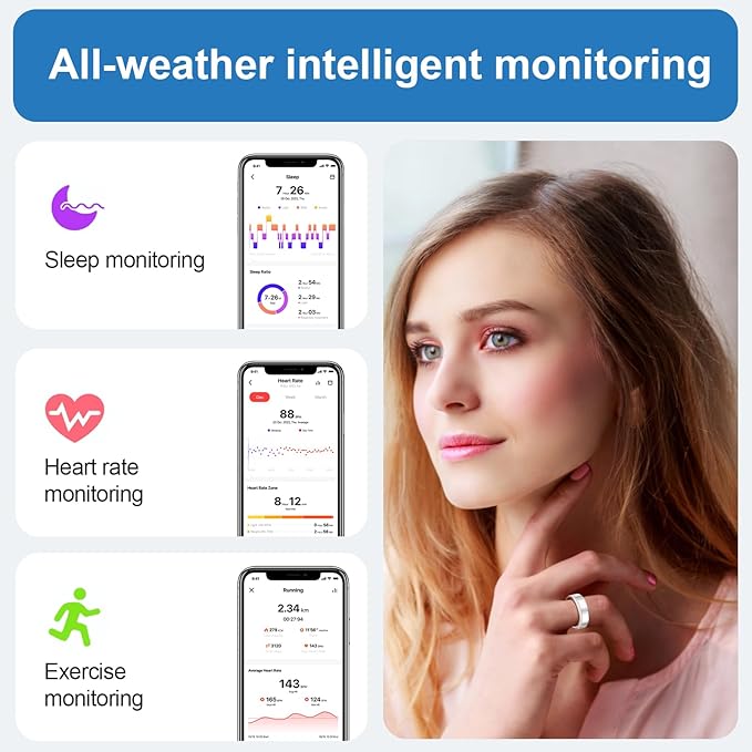 Health Tracker Smart Ring for Men Women-IP68 Waterproof Sleep Tracker with Heart Rate/Blood Pressure/Blood/Physiological Cycle/Oxygen Tracking, Step Counter, iOS & Android Compatible (7#)