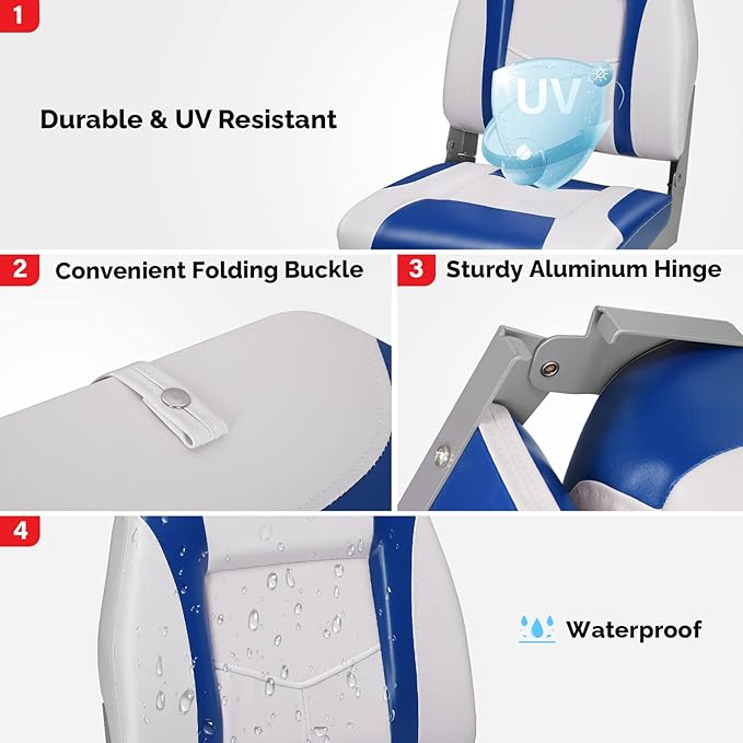 PEXMOR Boat Seats, Low/High Back, Folding, Waterproof, Captain Seat, 2 Packs (High Back-Blue & White)