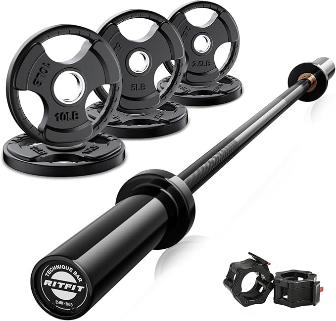 RitFit Barbell Weight Set - 4/6FT Olympic Barbell with Weight Plates (55-275LB Total) - Weightlifting Equipment for Squats, Curls, Deadlifts, Presses, Hip Thrusts