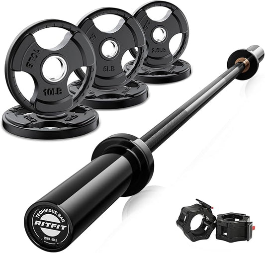RitFit Barbell Weight Set - 4/6FT Olympic Barbell with Weight Plates (55-275LB Total) - Weightlifting Equipment for Squats, Curls, Deadlifts, Presses, Hip Thrusts