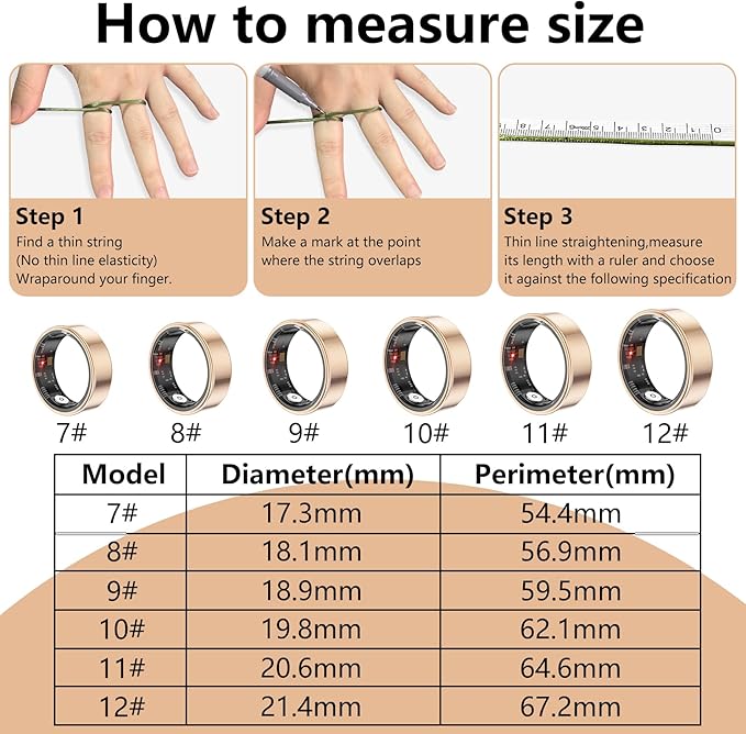 Thin Smart Ring for Fitness & Health Tracking -Heart Rate/Blood Oxygen Monitor, 5ATM Waterproof, Sleep Analysis, Pedometer -No APP Subscription Compatible with Smartphone (Rose Gold, 8)