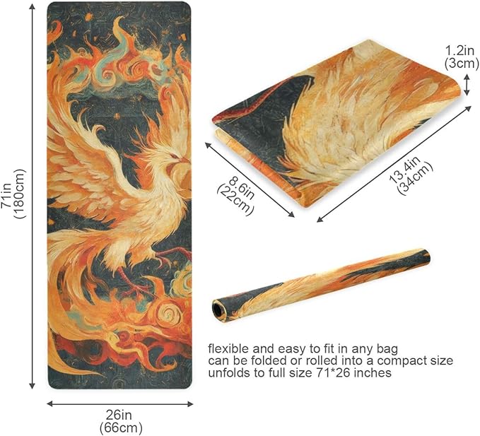 Phoenix Pattern Yoga Mat, 71 x 26 Inch Non-slip Yoga Mats Folding Travel Exercise Mat Indoor Outdoor Gym Pilates with Storage Bag for Women Men