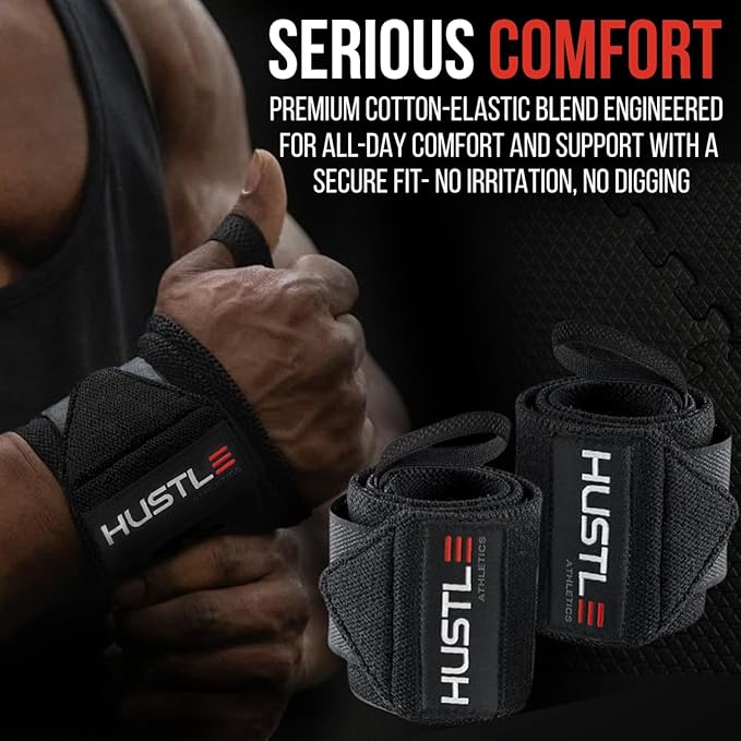 Hustle Athletics Wrist Wraps for Weightlifting, USPA-Approved Wrist Support Weight Lifting Wraps, Premium Hook-and-Loop, 12 in or 18 in Heavy-Duty Cotton-Elastic Support for Powerlifting & Bench Press