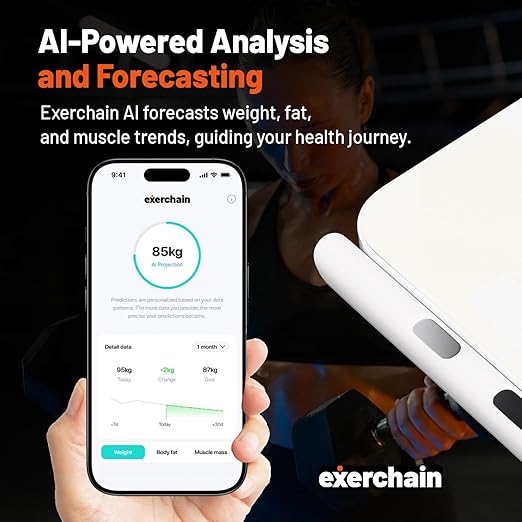 ExerScale AI Smart Scale with Body Weight Prediction, BMI, Body Fat, Muscle Mass, Workout, Food Tracking, Bluetooth Digital Scale with 8 Electrodes, High Accuracy Health Analyzer by EXERCHAIN - White