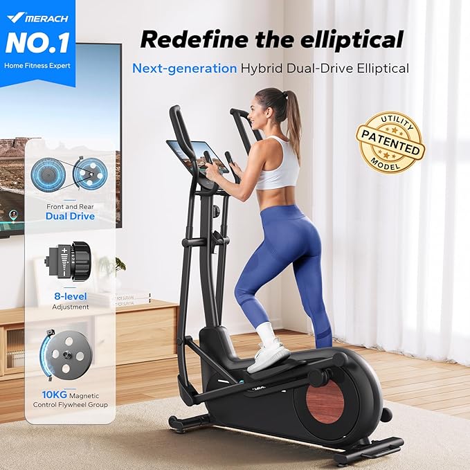 Merach Elliptical Machine, Elliptical Exercise Machine for Home with Hyper-Quiet Magnetic Drive System, Elliptical Training Machines with16.5-19IN Stride, Automatic Resistance, 400lbs Capacity