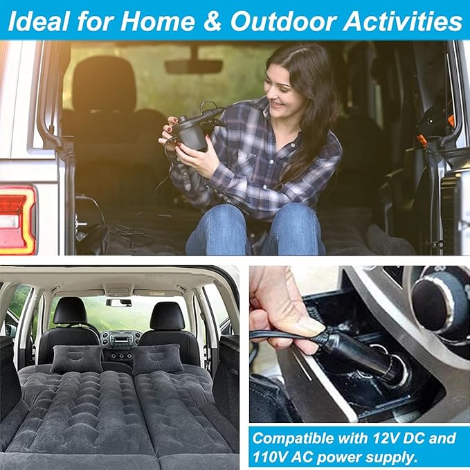 Electric Air Pump, 110V AC/12V DC Portable Air Mattress Two-Way Universal Inflator Pump for Inflatables Pool, Airbeds, etc with 3 Nozzles and Storage Bag