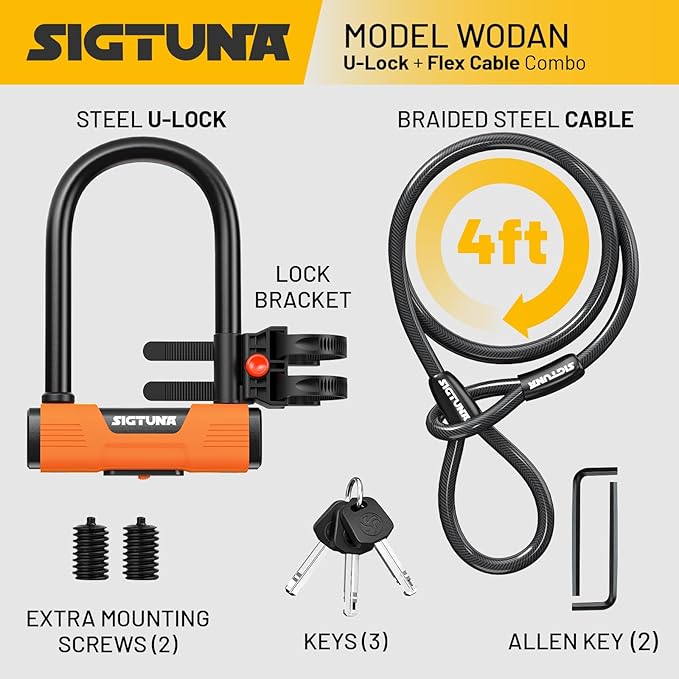 Bike U Lock - Sigtuna Bike Lock Cut Resistant, Heavy Duty Anti-Theft with 4ft/1.2m Cable, Bicycle Lock Made in Cut-Resistant Special Steel with Sturdy Mounting Bracket for Bikes, Ebikes, Scooters.