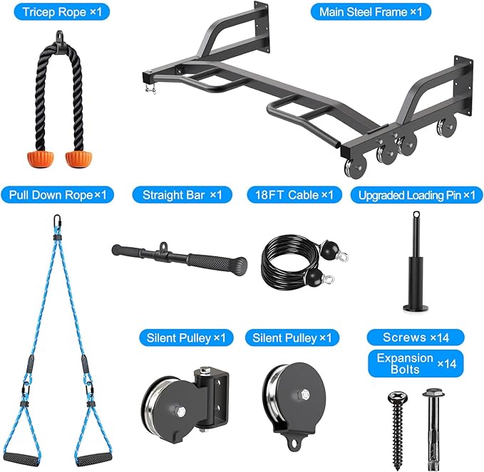 Kipika 48" Wall Mounted Multifunction Cable Pulley System Gym, 48" Wall Mounted Pull Up Bar, Cable Machine LAT Pulldown Attachments, DIY Home Gym Pulley Cable Machine Attachment System, Punching Bag Hanger