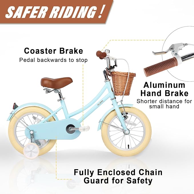 Glerc Little Molly 12-20 Inch Kids Retro Cruiser Bike for 2-13 Year Old with Wicker Basket & Training Wheels/Kickstand, Multiple Colors