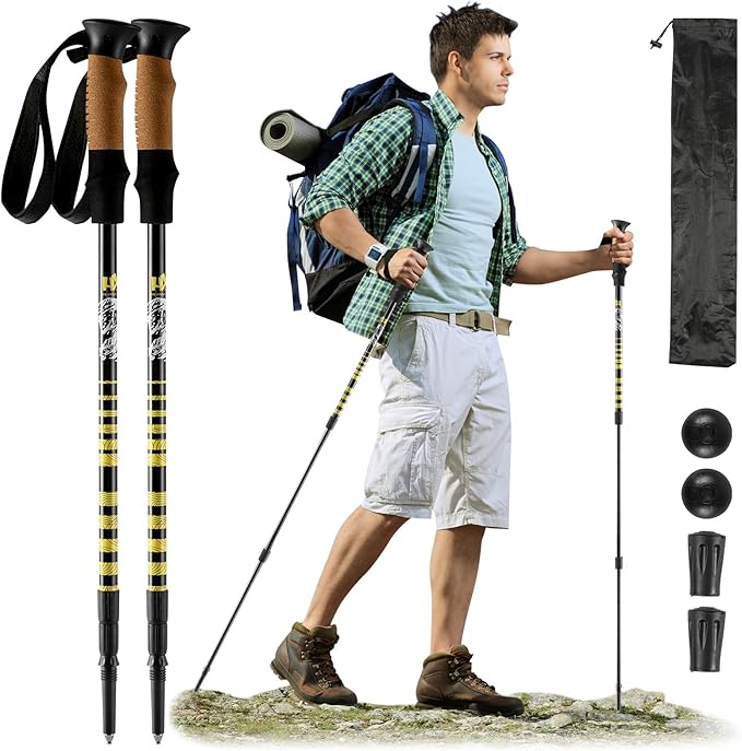 Carbon Fiber Trekking Poles, Lightweight Adjustable Hiking Poles with Cork Grips, Pair of 2 Walking Sticks Balance Support for Women and Men