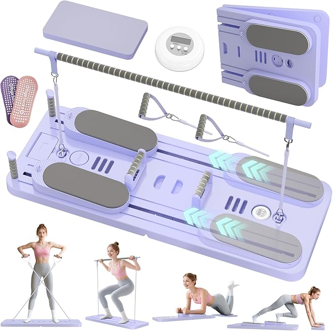 Pilates Reformer Set, Foldable Pilates Board with Resistance Bands, 5 in 1 Portable Pilates Sliding Board, Trainer Machine for Home Workout, Ab, Core, Fitness, Exercise