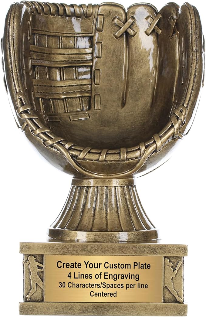 Decade Awards Action Pedestal Softball Glove Trophy – Engraved Game Ball Holder Display – Custom Softball Award for MVPs, Coaches, Players, Teams – Celebrate Wins – Customize Now (8 Inch)