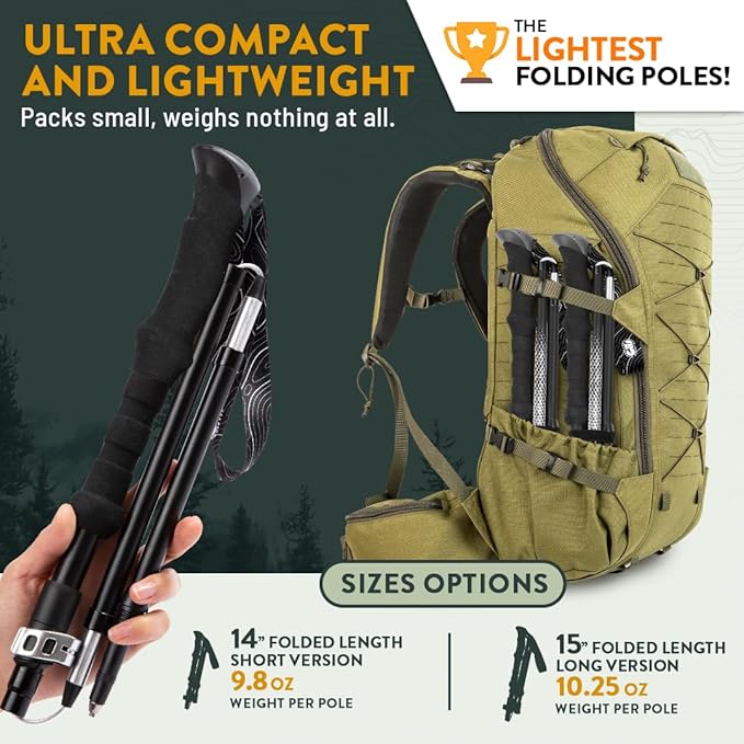 Premium Foldable Hiking Poles by USA Brand - Adjustable, Lightweight Trekking Poles Made of Aircraft Aluminum, Metal Flip Locks & Comfortable Real Cork and EVA Foam Grips