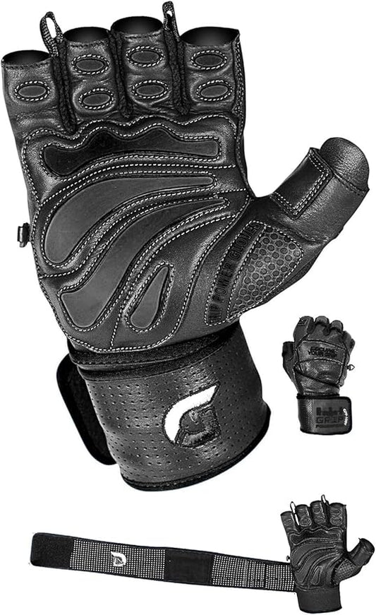 Elite Leather Gym Gloves with Built in 2" Wide Wrist Wraps Grip & Design for Weightlifting Power Lifting Bodybuilding & Strength Training Workout Exercises, Size : X-Large, Size : X-Large