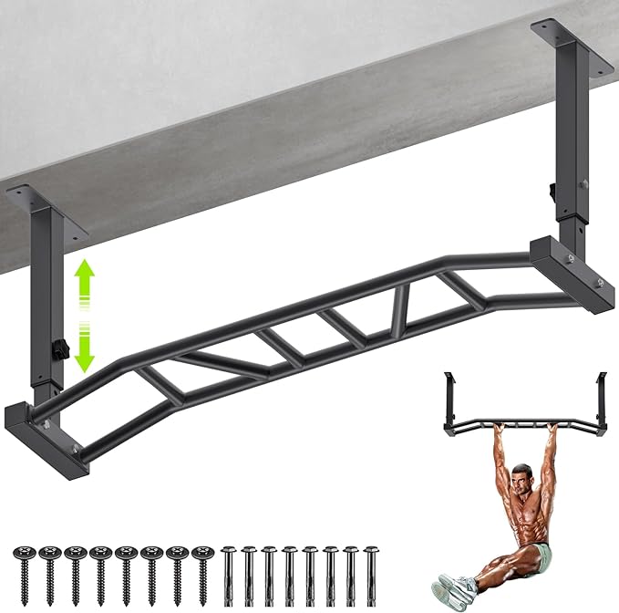 Kipika 48" Ceiling Mounted Pull Up Bar, Heavy Duty Multi-Grip Chin Up Bar,Mounted Pull Up Bar, Adjustable Height, Pull Up Bands for Chin Ups & Body Stretching, Ideal for Home Gym and Strength Training