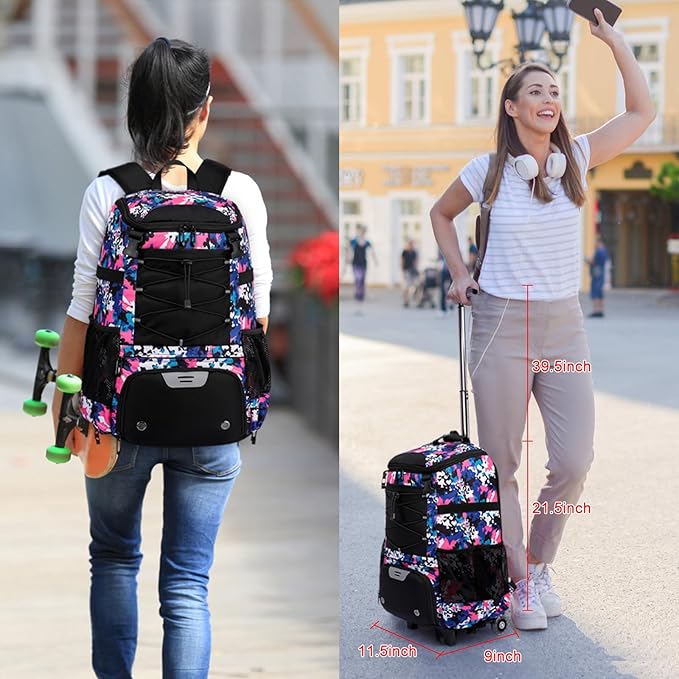 Softball Bag, Baseball Rolling Bat Bag - Wheeled for Youth Girls Adult, Lightweight Equipment Backpack With Shoe Compartment, Fence Hook for TBall, Helmet