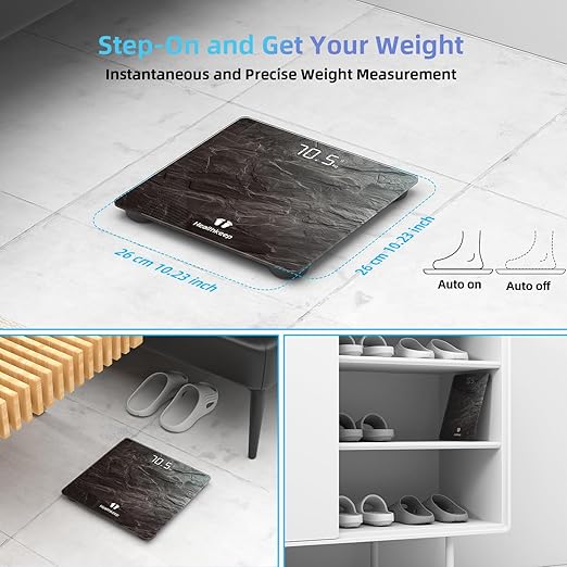 Healthkeep Digital Bathroom Scale, High Precision, with Step-On Technology, LED Display, Slim Design, Max. 180 kg/400 lb, Marbled Gray