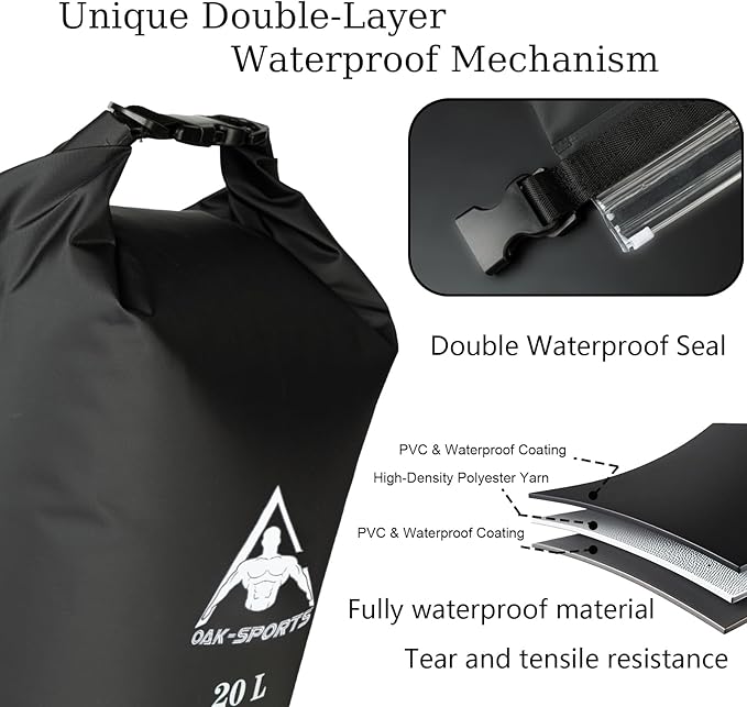 Oak-Sports Dry Bag Waterproof Backpack 5L/10L/20L, Roll Top Lightweight Beach Bag with Double Zipper Seal for Swimming, Kayaking, Hiking, Boating, Adjustable Shoulder Strap