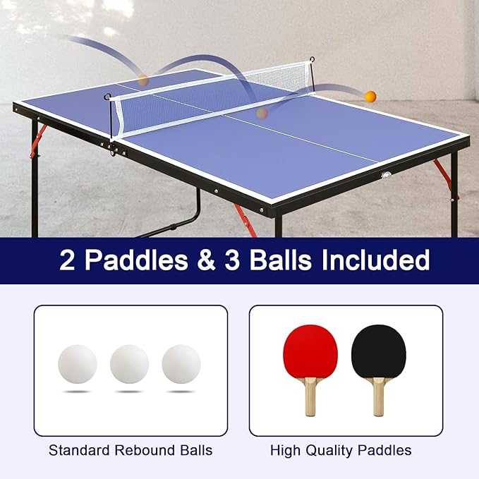 4FT/6FT/8FT/9FT Folding Rolling Table Tennis Table Regulation Ping Pong Table with 2 Paddles 3 Balls 1 Net and Post Set Fold-Up Design 4 Wheels for Easy Movement