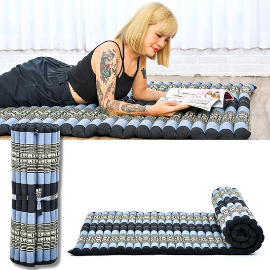 Leewadee - Foldable Floor Mattress - Japanese Roll Up Futon -Trifold Tatami Mat- Guest Floor Bed - Camping Mattress - Thai Massage Mat, Kapok Filled, 75 x 39 inches, Blue