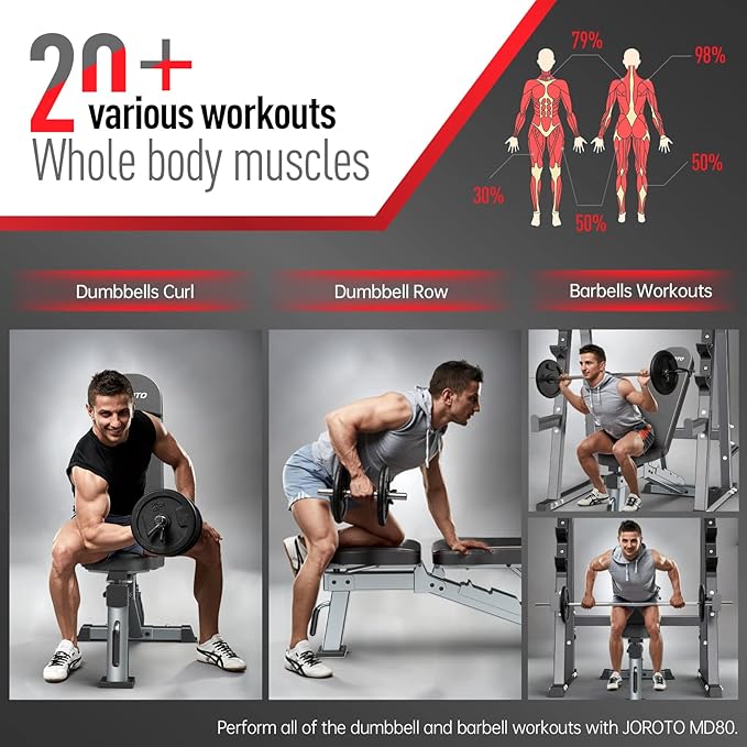 JOROTO MD80 Adjustable Weight Bench, 1000LB Heavy Duty Workout Bench Press for Home Gym, Commercial Grade Flat Incline Decline Strength Training Utility Bench with Wheels and Extended Backrest