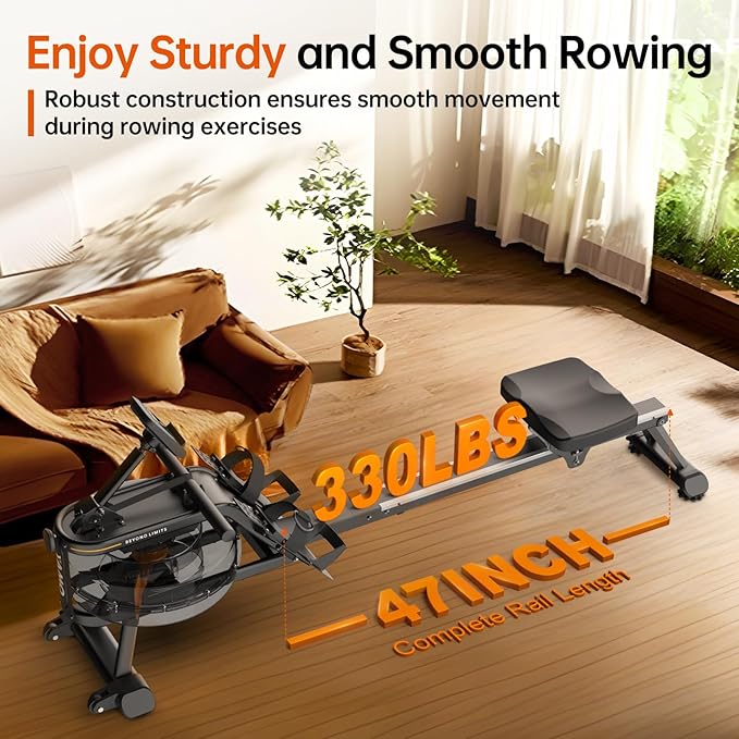 YAMO Water Rowing Machine for Home, Row Machine with 330LB Weight Capacity, Support Bluetooth & Compatible with Apps, Water Row Machine with Comfortable Seat and Tablet Holder