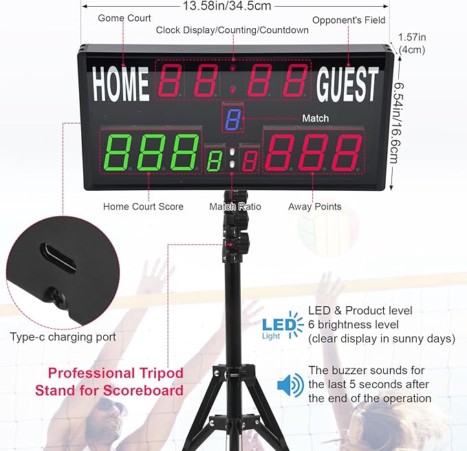 Samshow 2025 LED Electronic Scoreboard Digital Score Keeper with Remote & Tripod, Basketball Scoreboard with Shot Clock & Timer & 12/24h Real Time for Outdoor Yard Games/Corn Hole/ping Pong/Pickleball