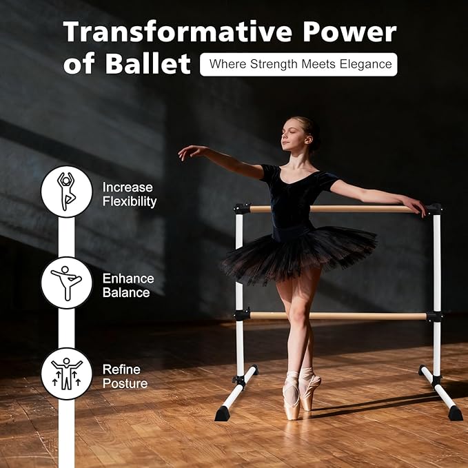 4FT/6FT Freestanding Ballet Barre Wood/Steel Height Adjustable from 7 to 46 inch Ballet Bar Portable Double Dance Bar for Home Workout and Stretch