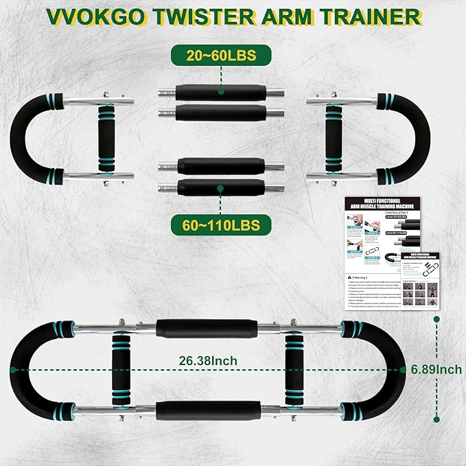 VVOKGO Twister Arm Trainer for Men & Women with 4 Spring, 20-110lb Adjustable Chest Workout Equipment, Shoulder Arm Strength Exerciser, Portable Power Twister Bar, Detachable Design Fitness Anywhere